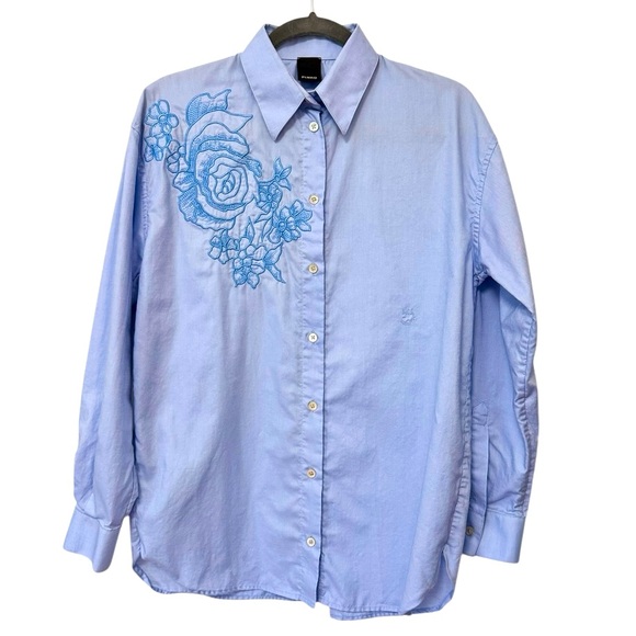 PINKO | Cartolina Embroidered Love Birds Cotton Oxford Shirt in Blue, US 4 - Picture 6 of 13